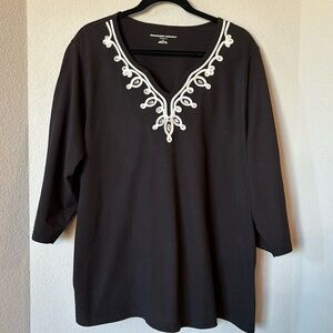Allison Daley Contrast Trim Top 3X Black White 3/4 Sleeve